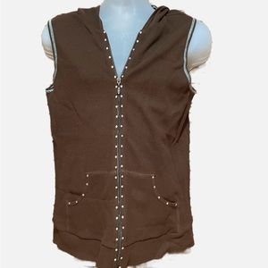 Women’s QUACKER FACTORY Small Sleeveless Brown Waffle Vest Hooded Rhinestone P23